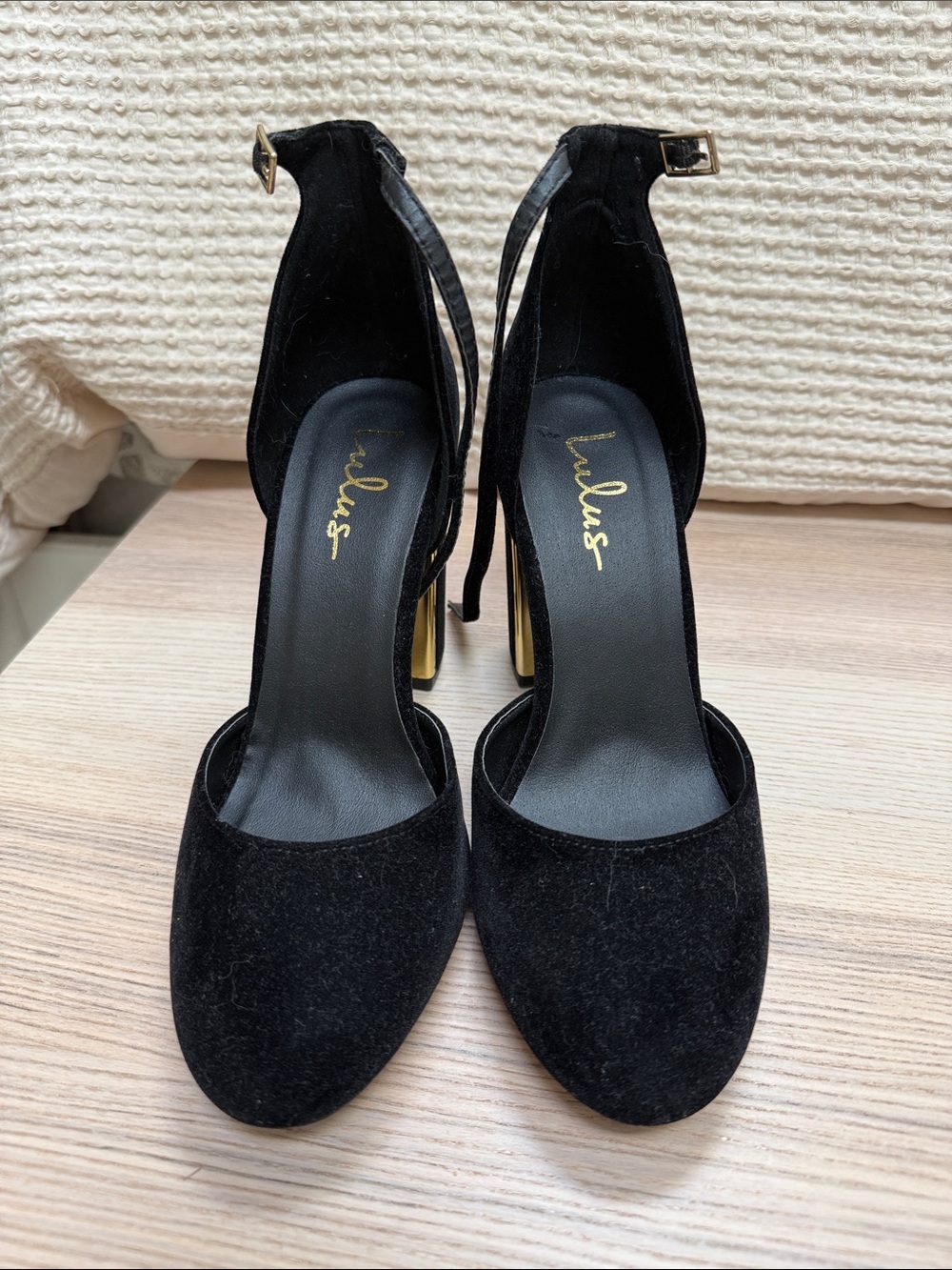 Lulu's Black Velvet Ankle-Strap High Heels with Gold Accent
